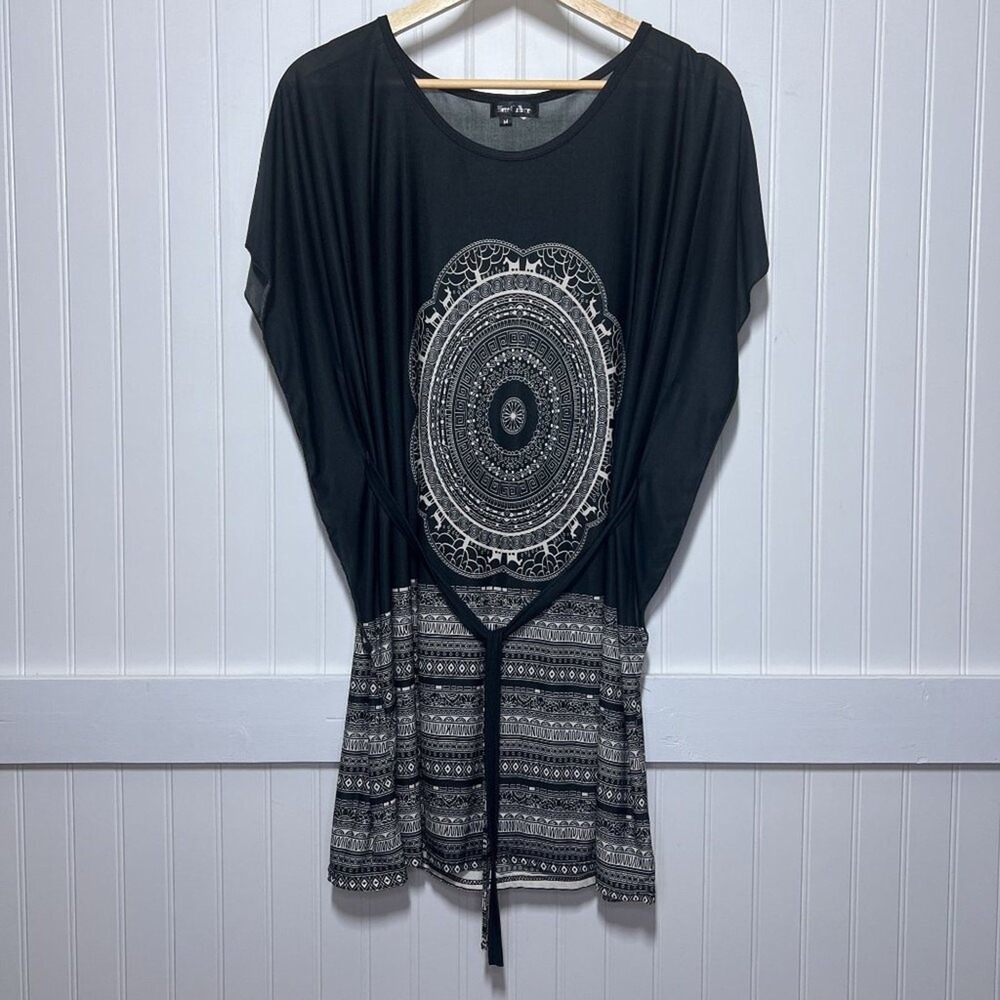 Free Culture Black & White Bohemian Mandala Cat Dog Deer Print Tunic Dress Belt